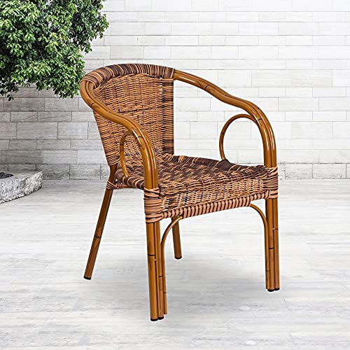 Flash Furniture Lot de 3 chaises de patio de restaurant en rotin brun brûlant de la série Cadiz avec cadre en bambou et aluminium rouge foncé