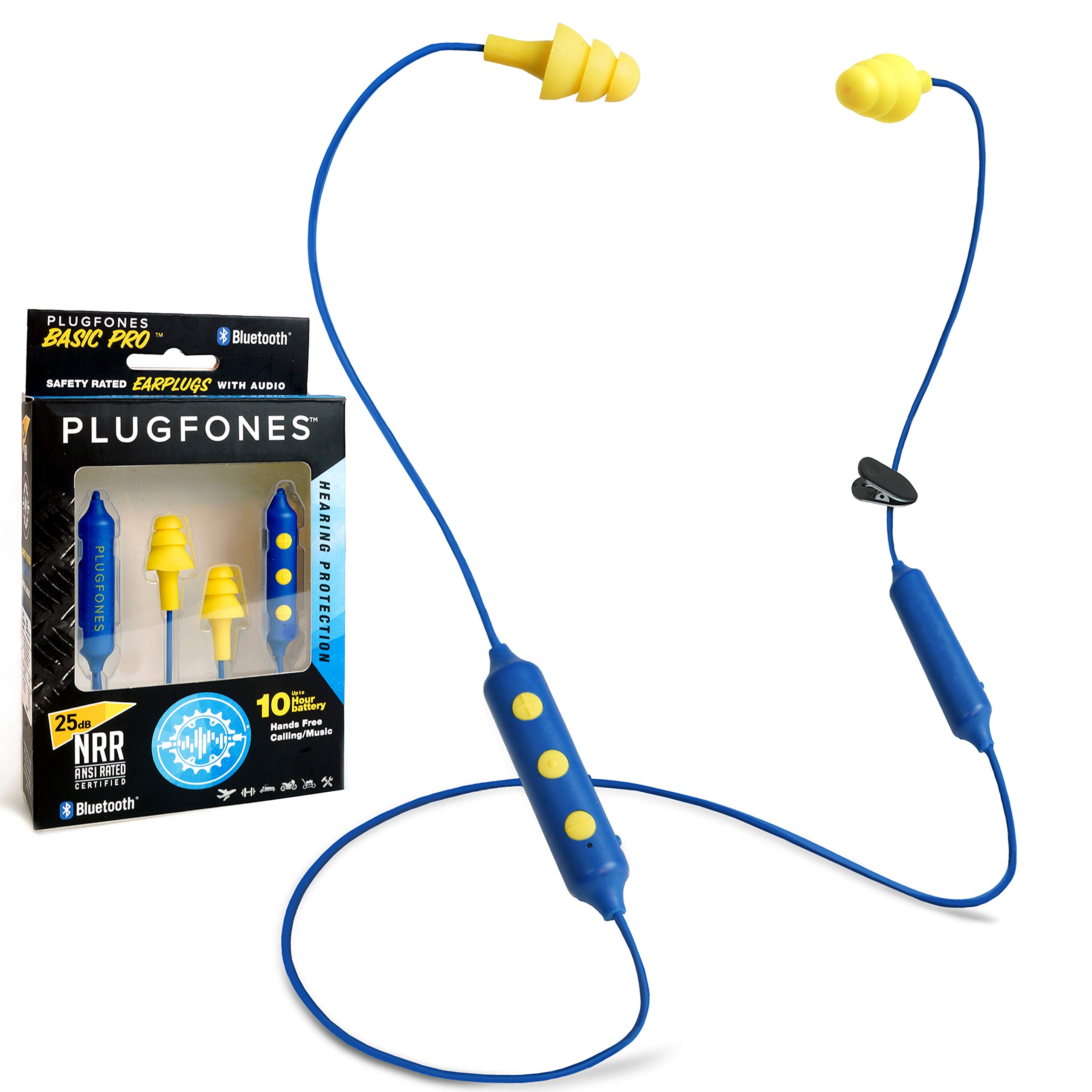 Plugfones Écouteurs intra-auriculaires sans fil Bluetooth Basic Pro - Écouteurs à réduction de bruit avec micro et commandes à isolation phonique (bleu et jaune)