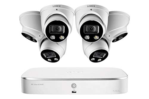 Lorex 4K Ultra HD 8 Channel Fusion 2TB NVR System with 6xE892DD Dome Smart Deterrence 4K IP Cameras, 150FT Night Vision, CNV, Audio,  Home