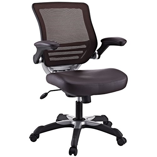 Modway Chaise de bureau avec dossier en maille et siège en cuir vegan blanc avec bras rabattables - Bureau d'ordinateur en marron