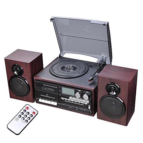 AW Système de tourne-disque Bluetooth classique avec 2 haut-parleurs Système de tourne-disque stéréo à 3 vitesses Lecteur CD/cassette AM/FM