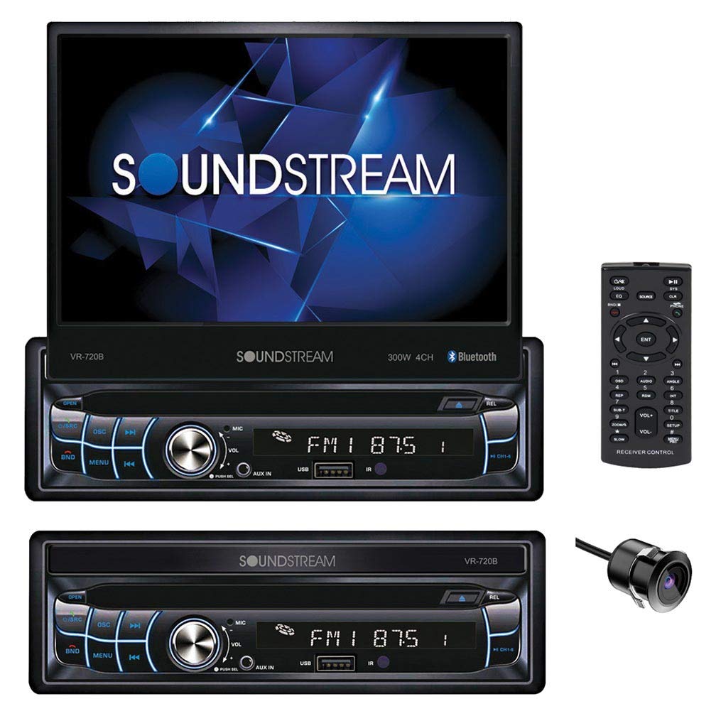 Soundstream VR-720B Lecteur multimédia stéréo DVD/CD Bluetooth pour voiture avec écran tactile rabattable motorisé de 7 pouces et amplificateur intégré