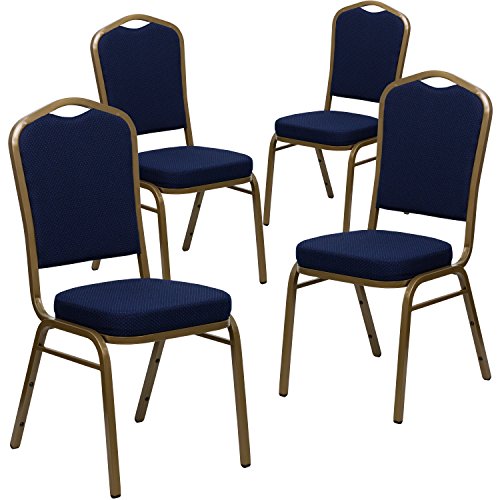 Flash Furniture 4 pièces Chaise de banquet empilable à dossier couronne de la série HERCULES en tissu à motifs bleu marine - cadre doré