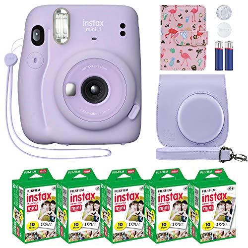 Fujifilm Instax Mini 11 Appareil Photo Instantané Lilas Violet + Étui Personnalisé + Film Fuji Instax Value Pack (50 Feuilles) Flamingo Designer Album Photo pour Fuji instax Mini 11 Photos