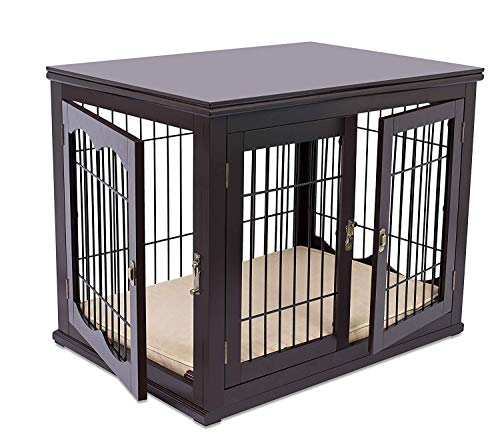  Internet's Best Niche décorative pour chien avec lit pour animal de compagnie – Petit chien – Double porte – Niche en fil de bois – Grande table d'appoint intérieure pour animal de compagnie...