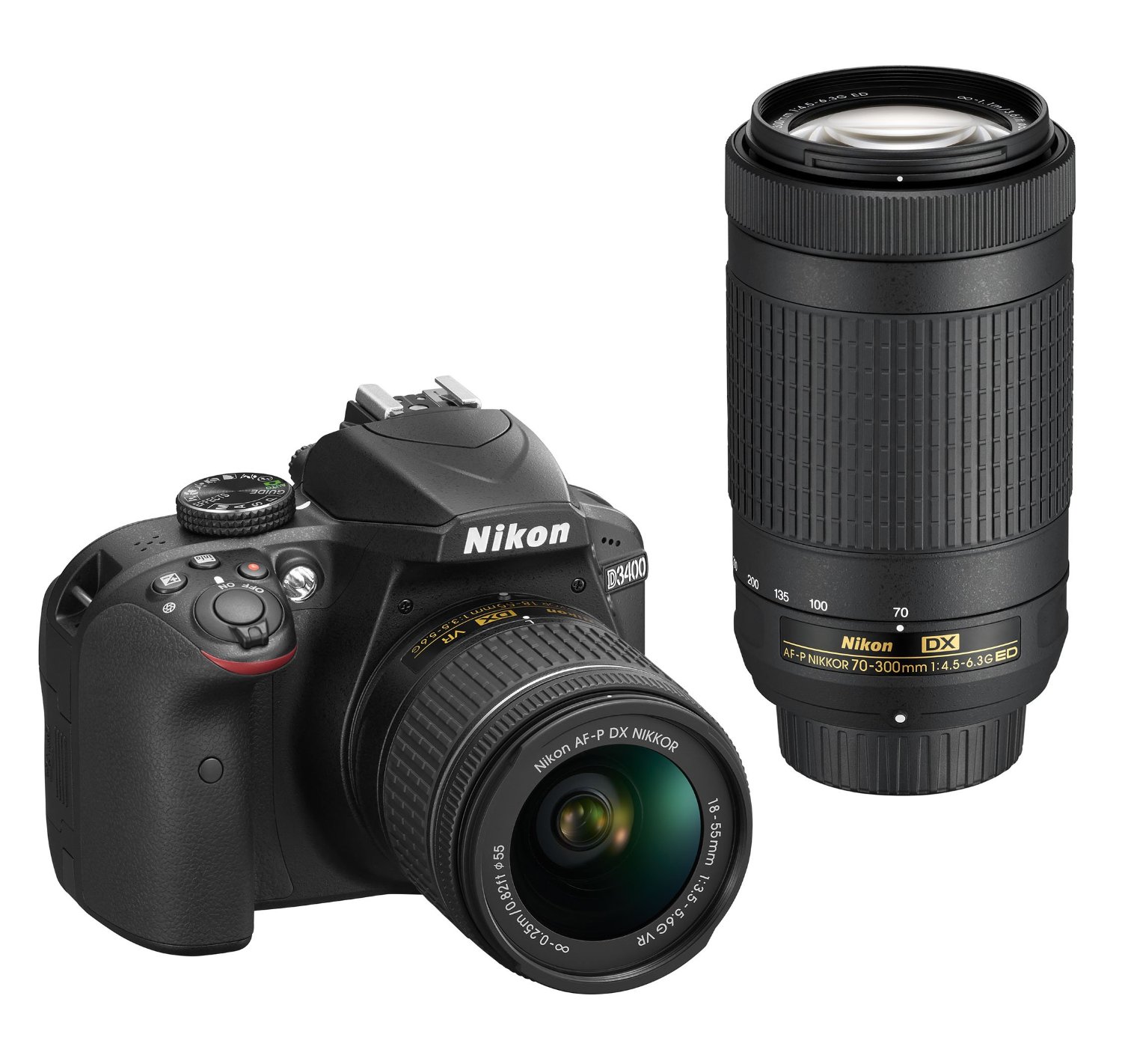 Nikon Appareil photo reflex numérique D3400 avec AF-P DX NIKKOR 18-55mm f / 3.5-5.6G VR et AF-P DX NIKKOR 70-300mm f / 4.5-6.3G ED