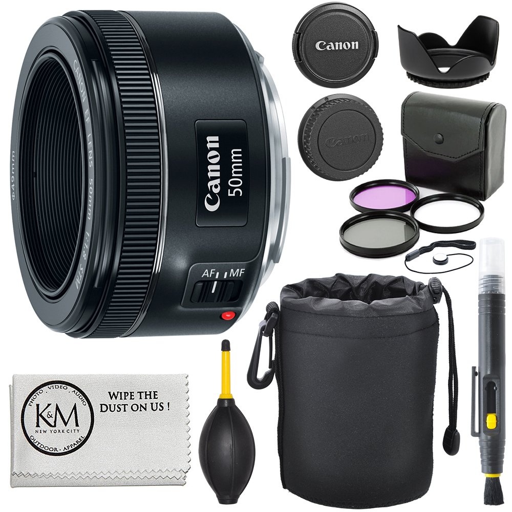 Canon Objectif EF 50 mm f/1.8 STM + kit de 3 filtres + stylo d'objectif + souffleur + pare-soleil + pochette d'objectif + porte-capuchon