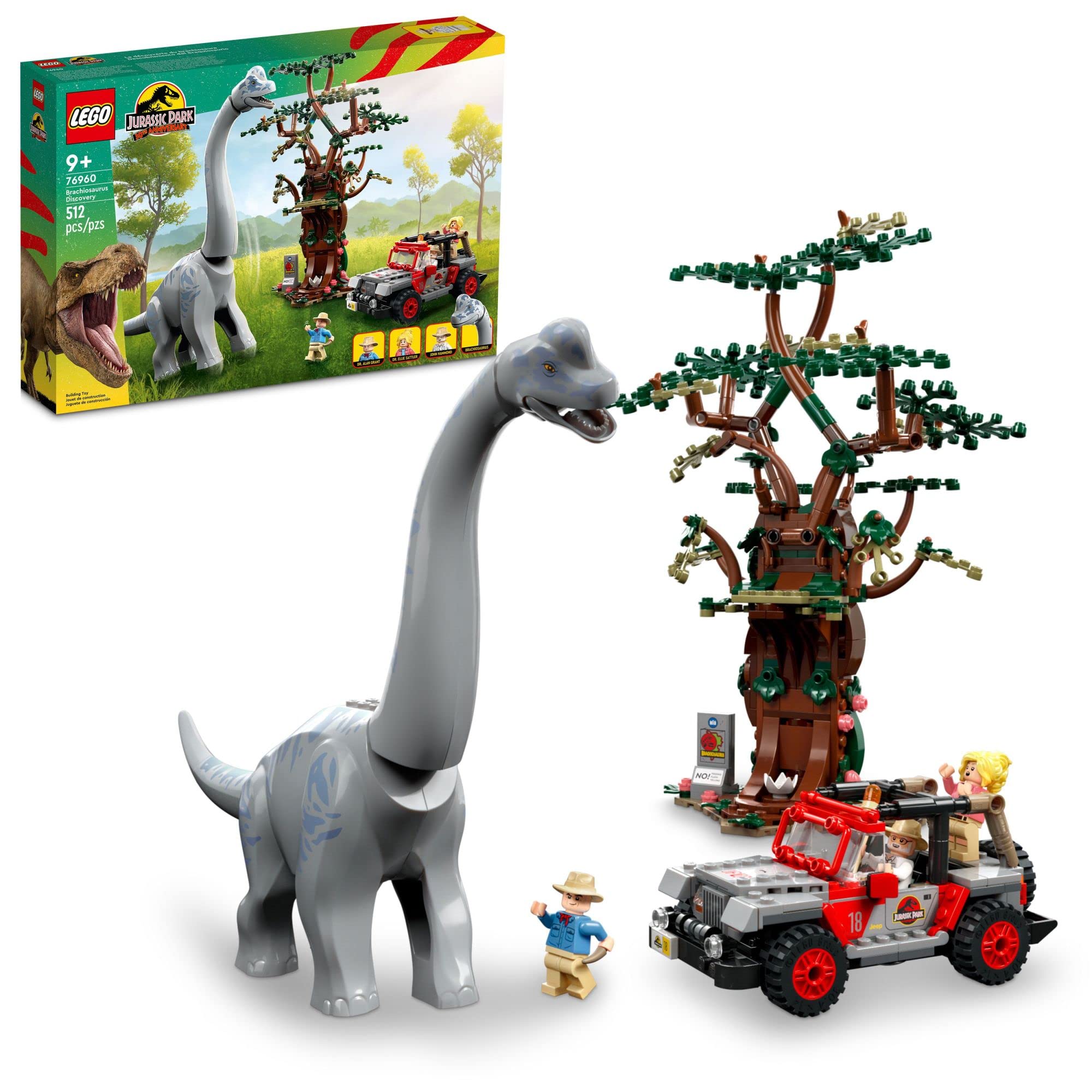  LEGO Jurassic World Brachiosaurus Discovery 76960 Jouet dinosaure du 30e anniversaire de Jurassic Park ; Comprend une grande figurine de dinosaure et un jouet de voiture Jeep Wrangler en brique ; Idée...