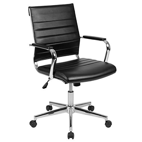 Flash Furniture Chaise de bureau de direction pivotante contemporaine côtelée en cuir noir à dossier moyen