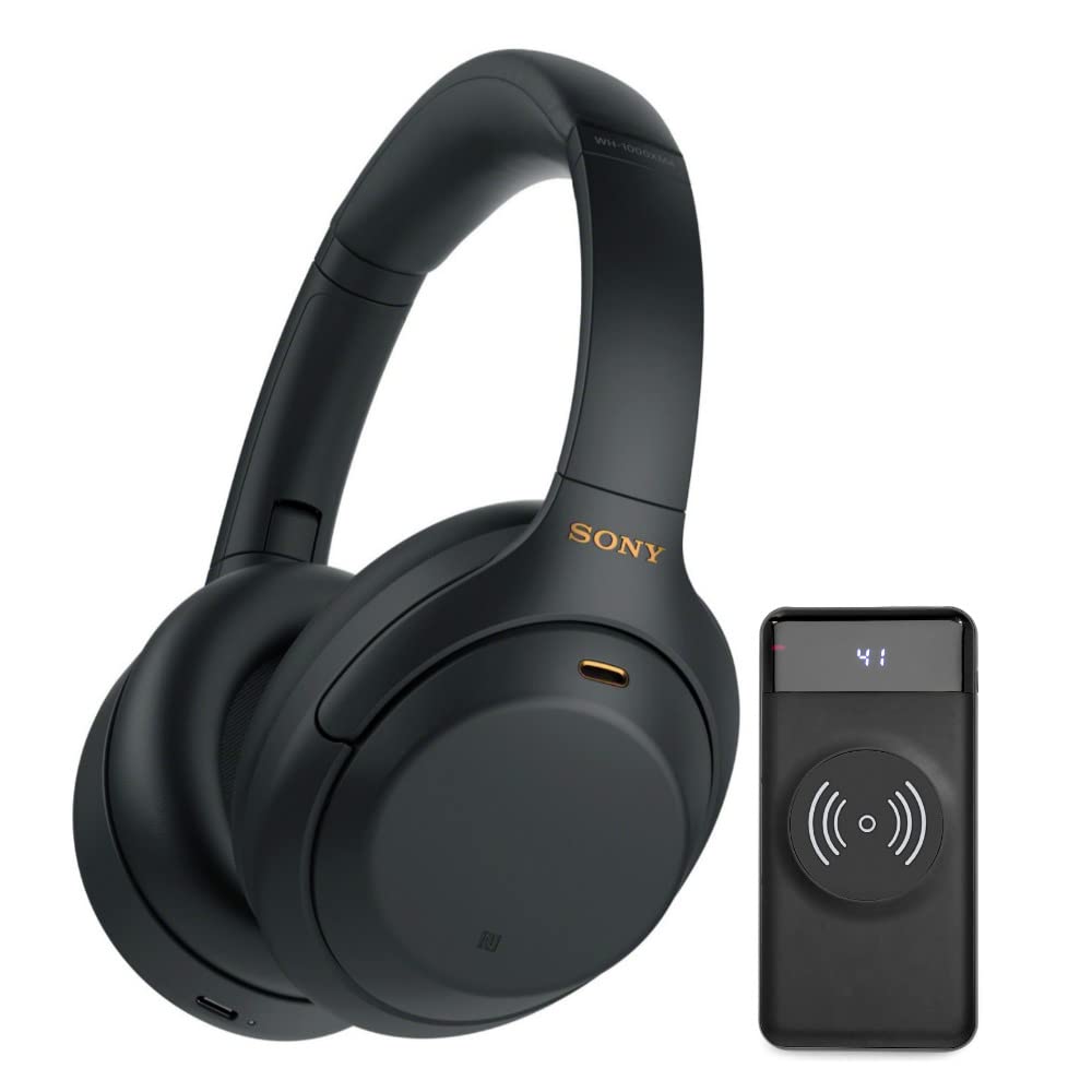 Sony WH-1000XM4 Casque supra-auriculaire sans fil Bluetooth à suppression de bruit (noir) avec écran LED ultra-portable 10 000 mAh Banque de batterie à charge rapide sans fil (2 pièces)