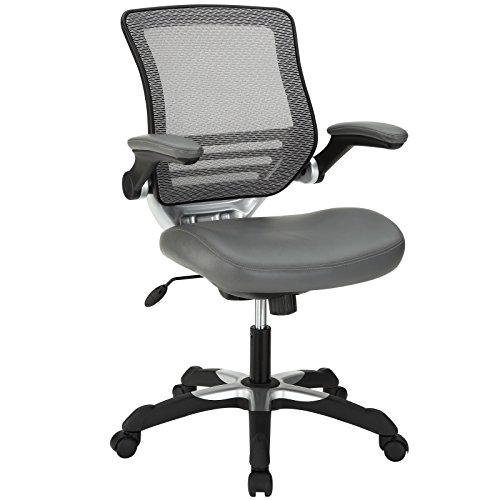 Modway Chaise de bureau avec dossier en maille et siège en vinyle blanc avec accoudoirs rabattables - Bureaux d'ordinateur gris