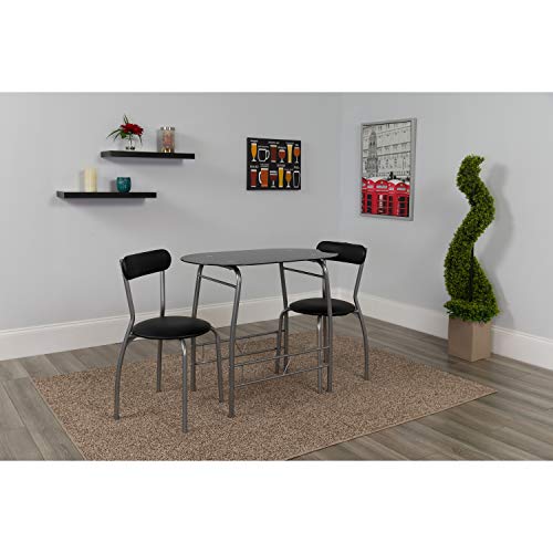 Flash Furniture Sutton Ensemble bistro 3 pièces peu encombrant avec table en verre noir et chaises rembourrées en vinyle noir