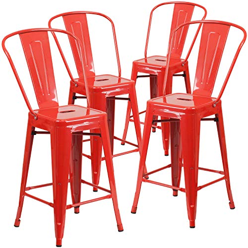Flash Furniture Lot de 4 tabourets de hauteur de comptoir intérieur-extérieur en métal rouge de 24 pi de hauteur commerciale avec dossier amovible