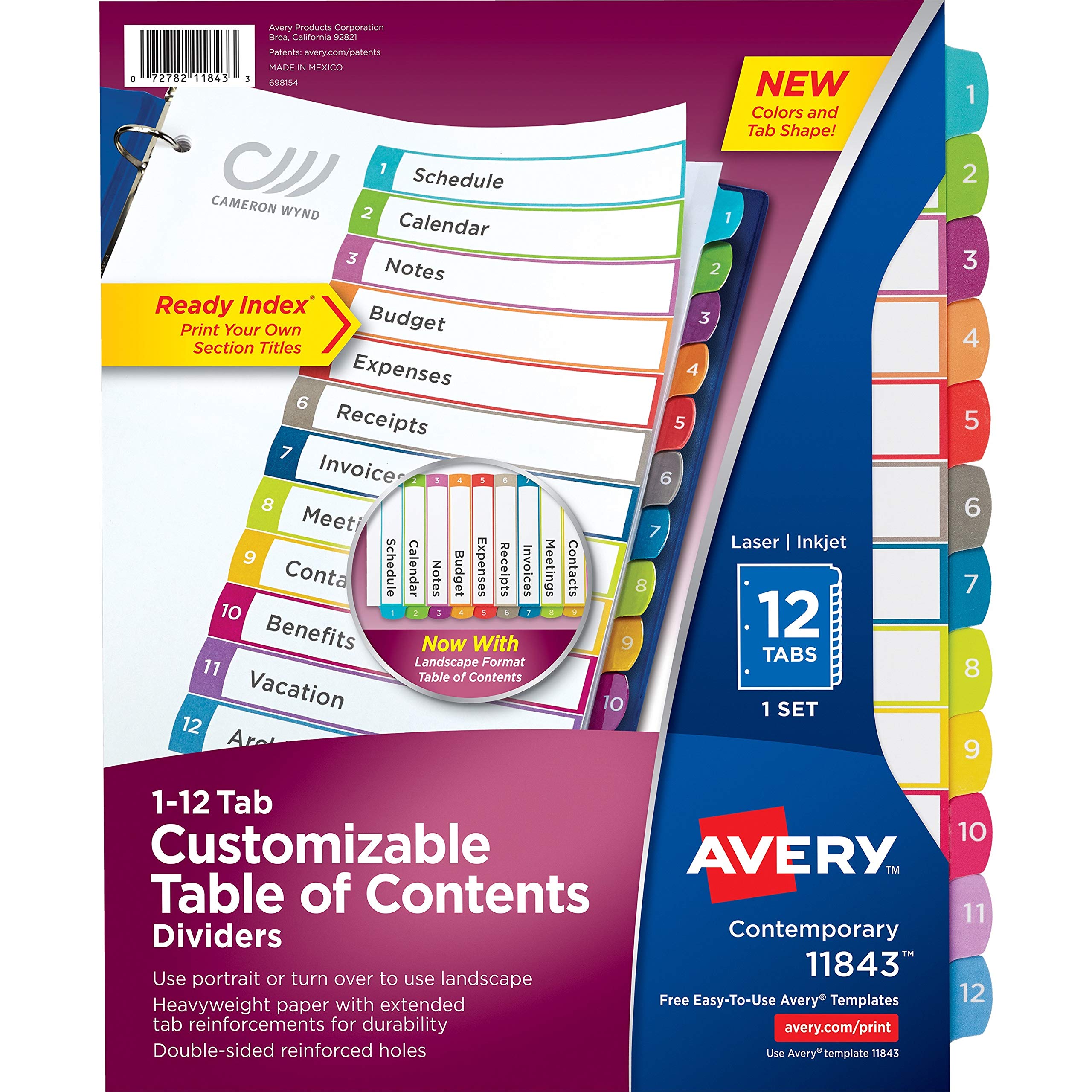Avery 12 séparateurs d'onglets pour une table des matières personnalisable multicolore 14