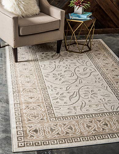 Unique Loom Outdoor Botanical Collection Carved Border Transitional Indoor and Outdoor Flatweave Cream Area Carp (8 '0 x 10' 0)