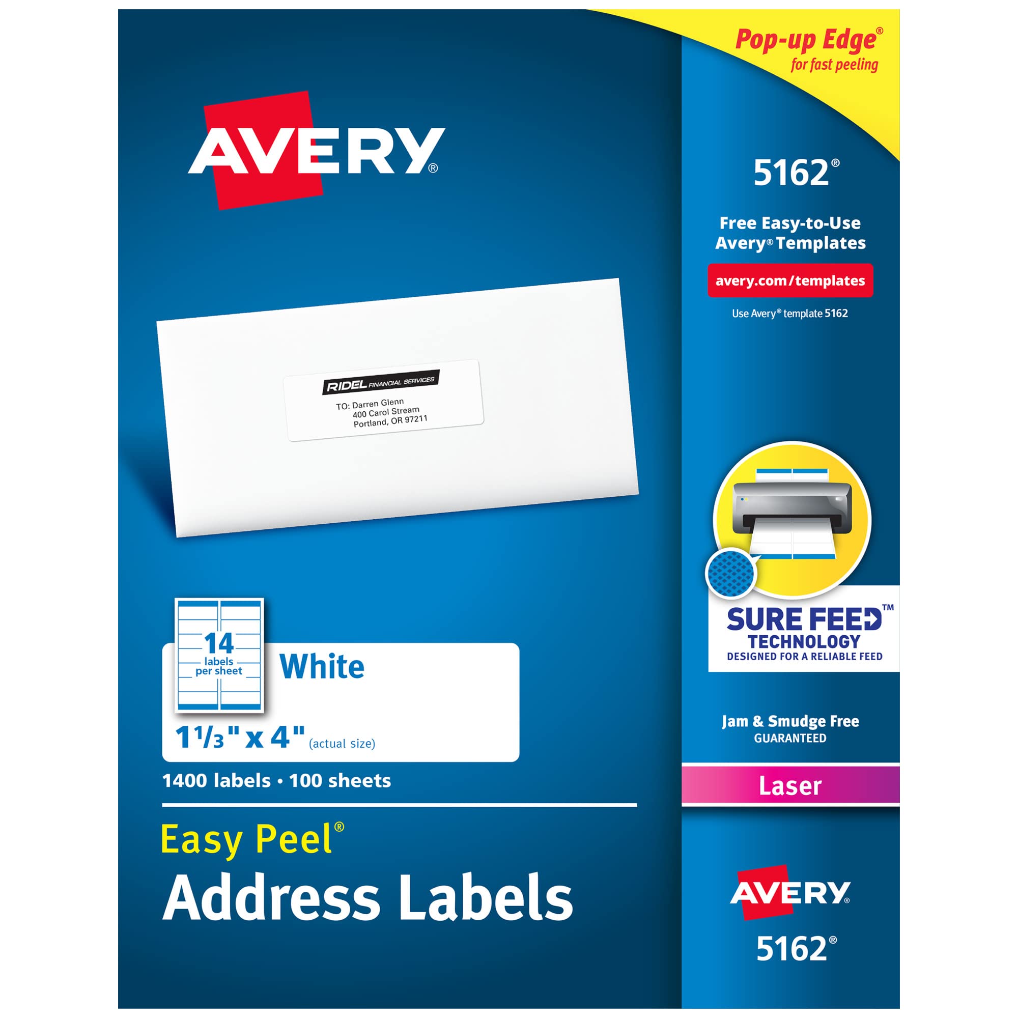 Avery Étiquettes d'adresse faciles à décoller pour imprimantes laser 1-1/3'' x 4''