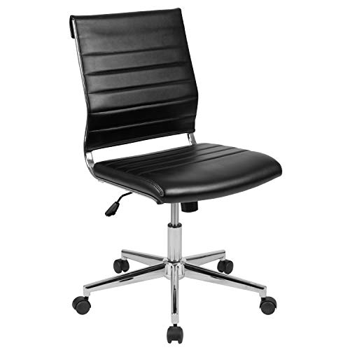 Flash Furniture Chaise de bureau pivotante sans accoudoirs en cuir noir côtelé à dossier moyen