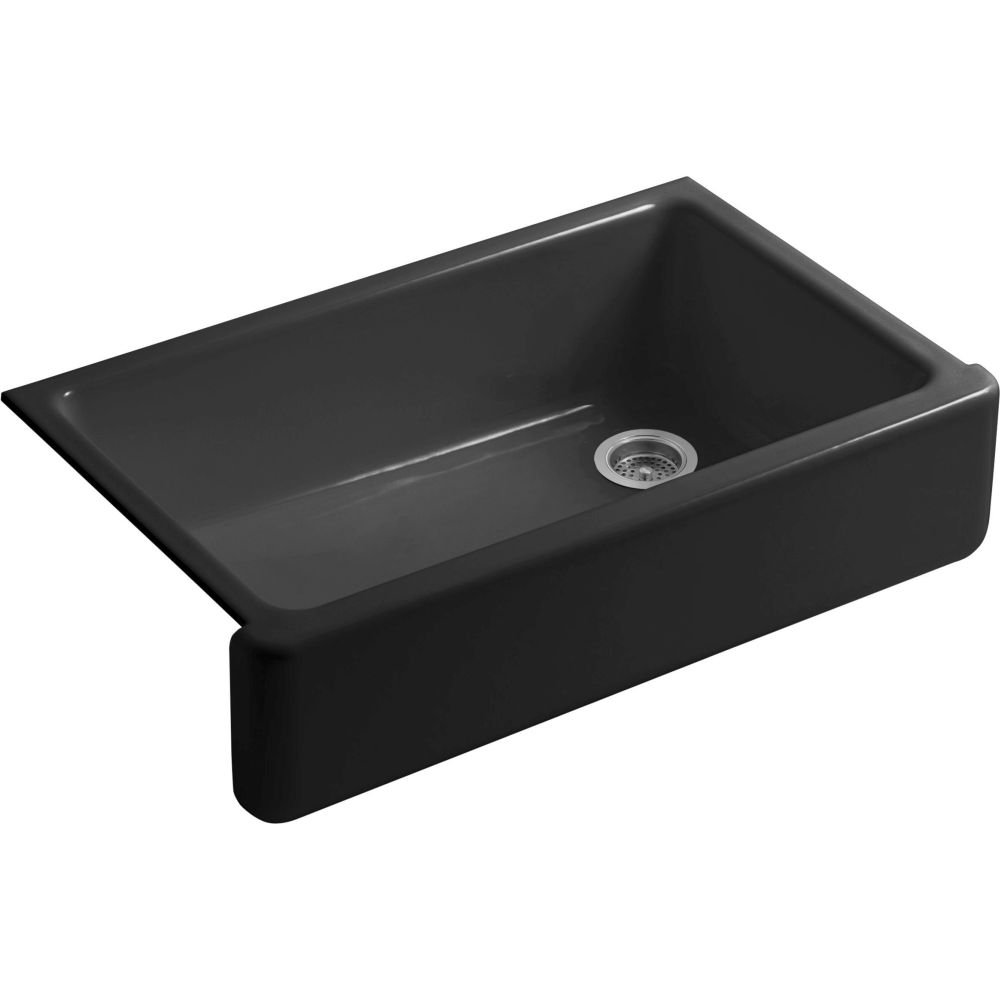 KOHLER K-6489-7 Whitehaven Farmhouse Self-Trimming Apron Front Single Basin Sink with Tall Apron, Black Black 36 Inch