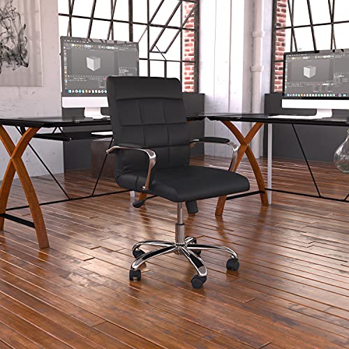 Flash Furniture Chaise de bureau exécutive pivotante en vinyle noir à dossier mi-hauteur avec base et accoudoirs chromés