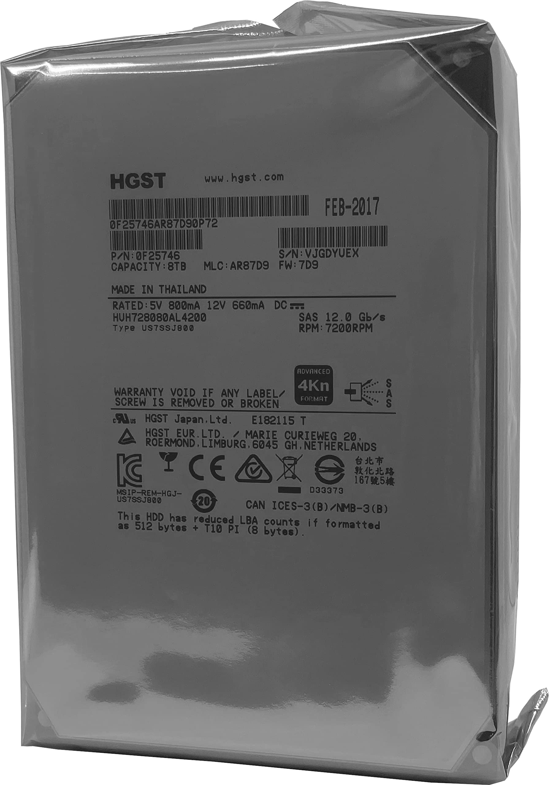 HGST HUH728080AL4200 3.5' 8TB SAS 12Gb/s 7.2K RPM 128M 0F23651 4Kn ISE Enterprise Disque dur