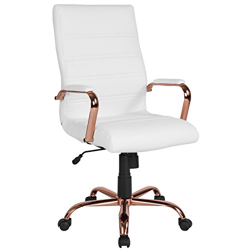 Flash Furniture Chaise de bureau à dossier haut - Chaise de bureau pivotante en cuir blanc avec cadre en or rose - Fauteuil pivotant
