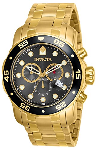 Invicta Montre 80064 Pro Diver Chronographe Charcoal Dial pour homme en acier inoxydable plaqué or 18 carats