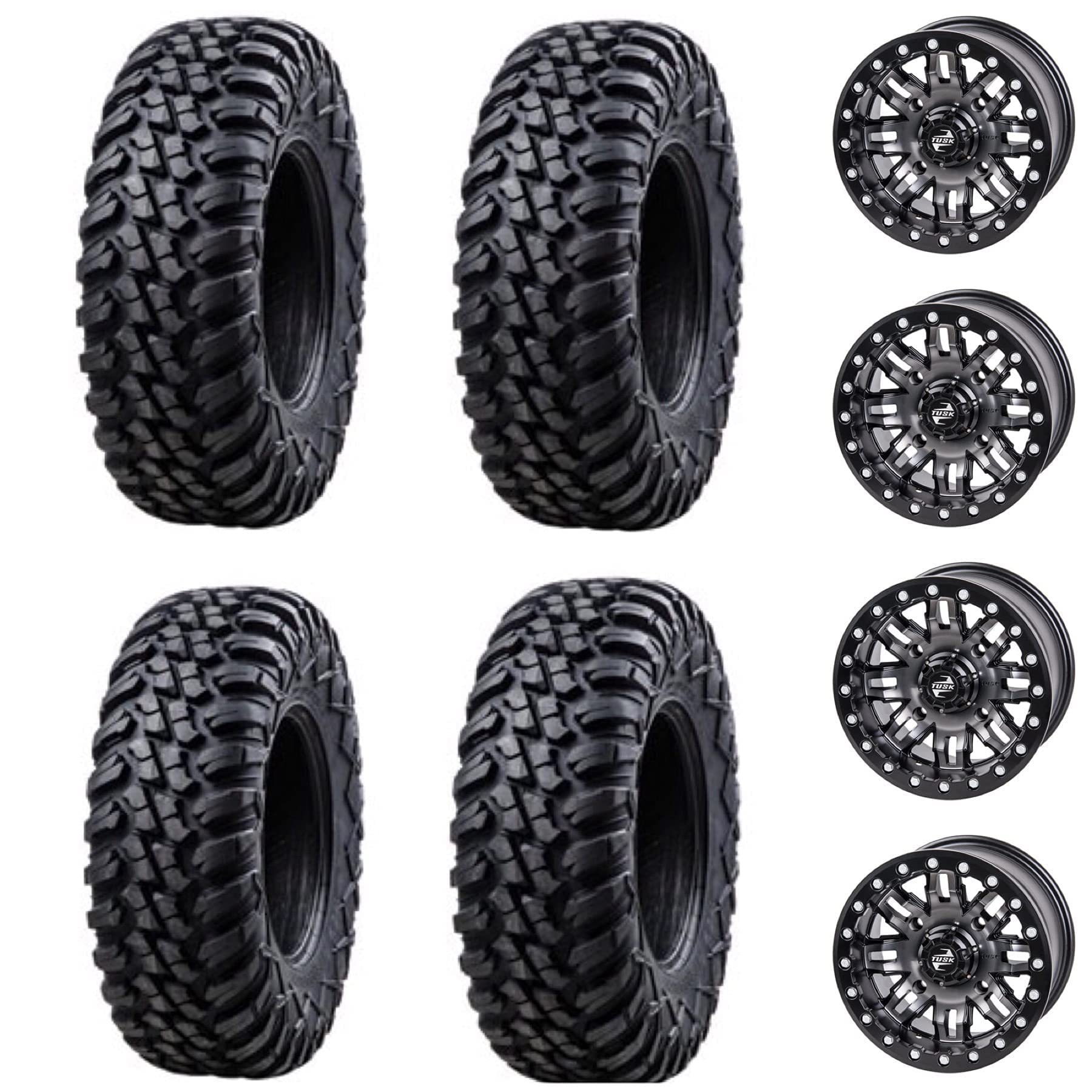 Tusk Racing Four 30x10-14 Tusk TERRABITE 8-Ply Radial UTV Tires on Tusk TETON Beadlock Wheels- Compatible For CAN-AM MAVERICK DEFENDER COMMANDER - Includes Lug Nuts