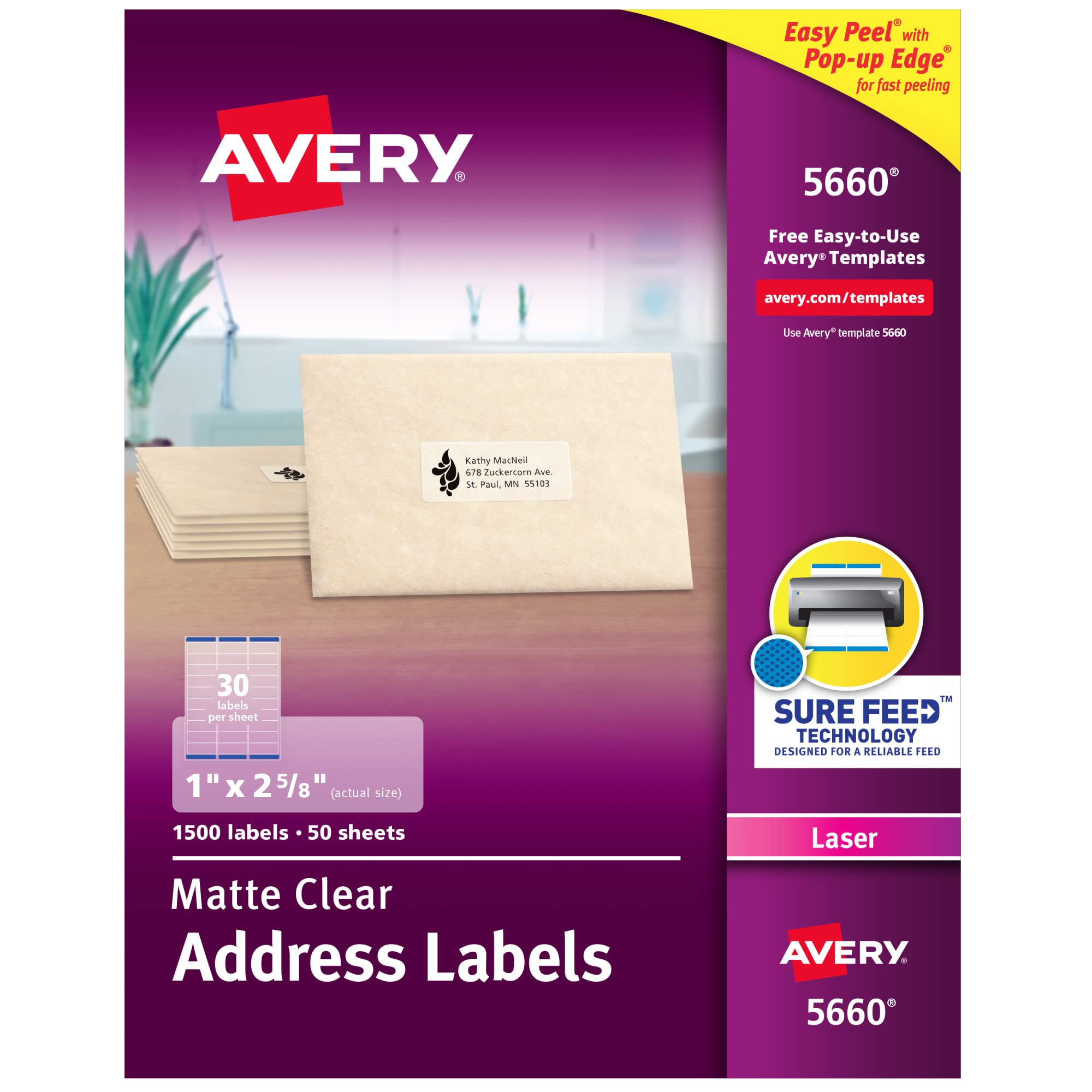 Avery Étiquettes d'adresse transparentes à décollement facile pour imprimantes laser 1'' x 2-5/8''