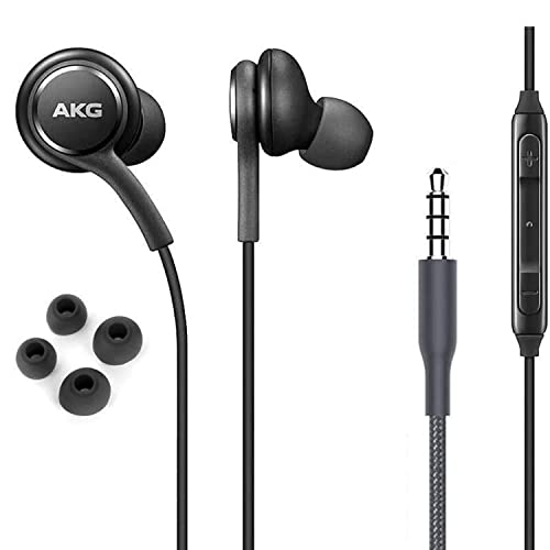 ElloGear Écouteurs stéréo OEM pour câble Samsung Galaxy S10 S10e Plus A31 A71 - Conçu par AKG - avec microphone et boutons de volume (Noir)
