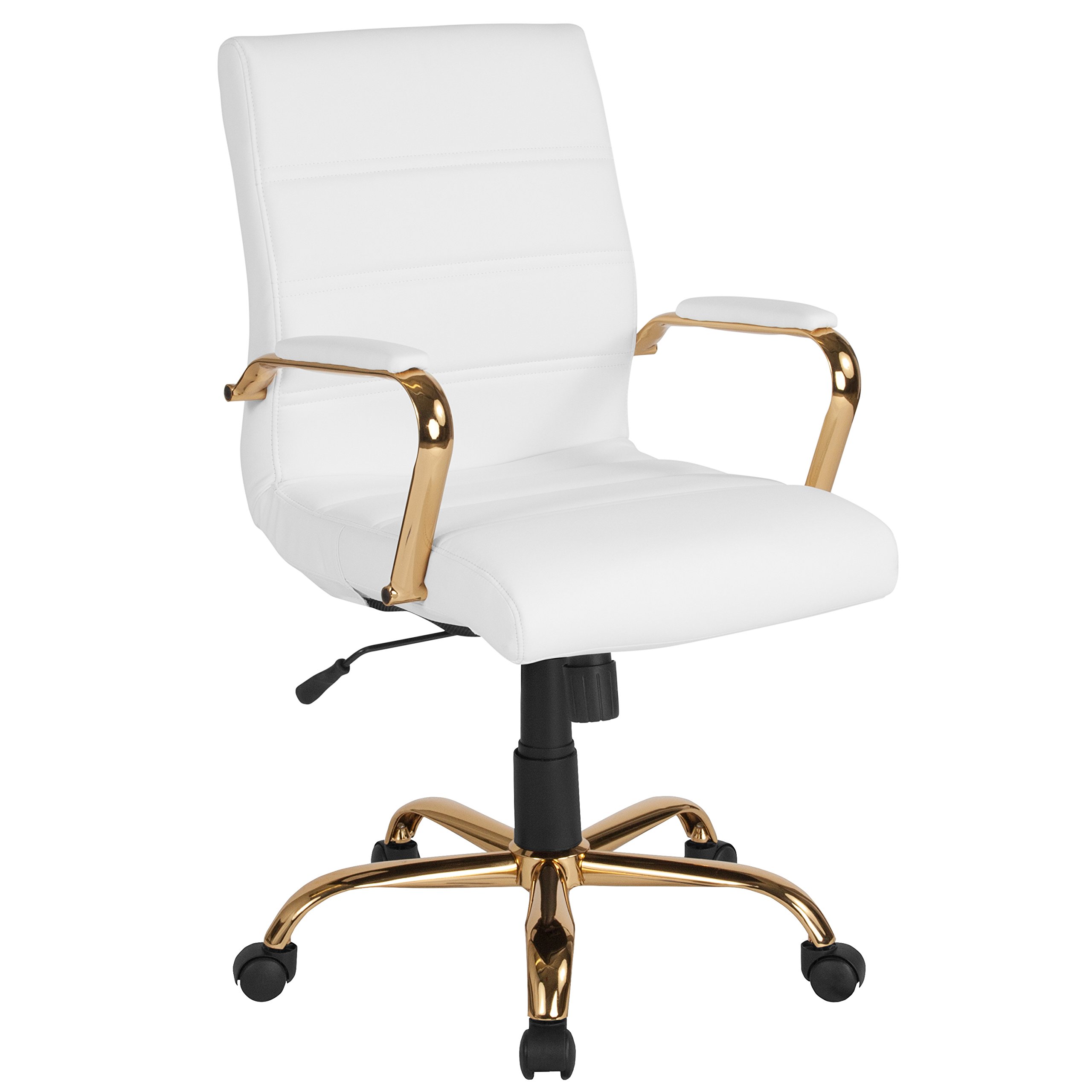 Flash Furniture Whitney Chaise de bureau à dossier mi-hauteur - Chaise de bureau pivotante en cuir blanc avec cadre doré - Fauteuil pivotant