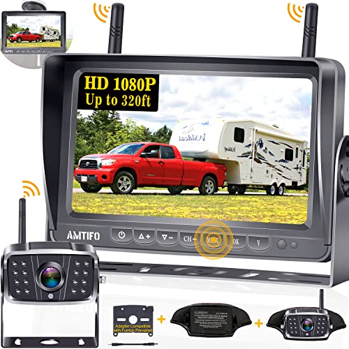  AMTIFO Caméra de recul RV sans fil HD 1080P 7'' écran partagé DVR moniteur Bluetooth remorque caméra de recul système 4 canaux camion camping-car adaptateur de vision nocturne infrarouge pour Furrion...