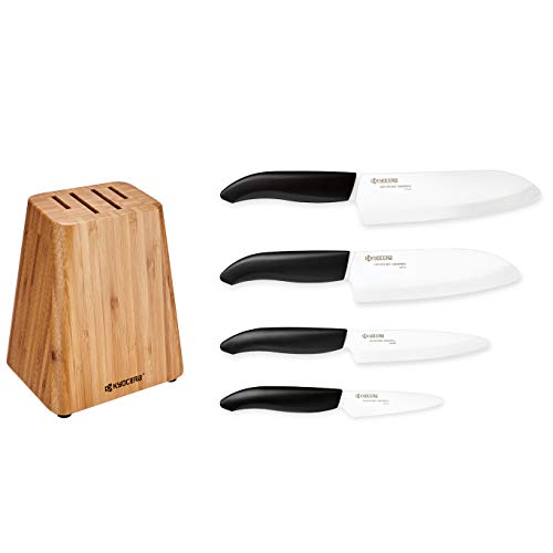 Kyocera Ensemble de blocs de couteaux en bambou : comprend un bloc de bambou à 4 emplacements et 4 couteaux en céramique avancés - FK - manche noir/lame blanche.