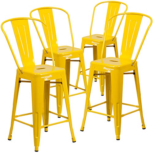 Flash Furniture Lot de 4 tabourets de hauteur de comptoir intérieur-extérieur en métal jaune de 24 pi de hauteur commerciale avec dossier amovible