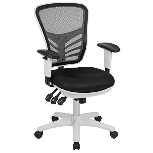 Flash Furniture Chaise de bureau ergonomique pivotante à dossier moyen en maille noire avec accoudoirs réglables et cadre blanc