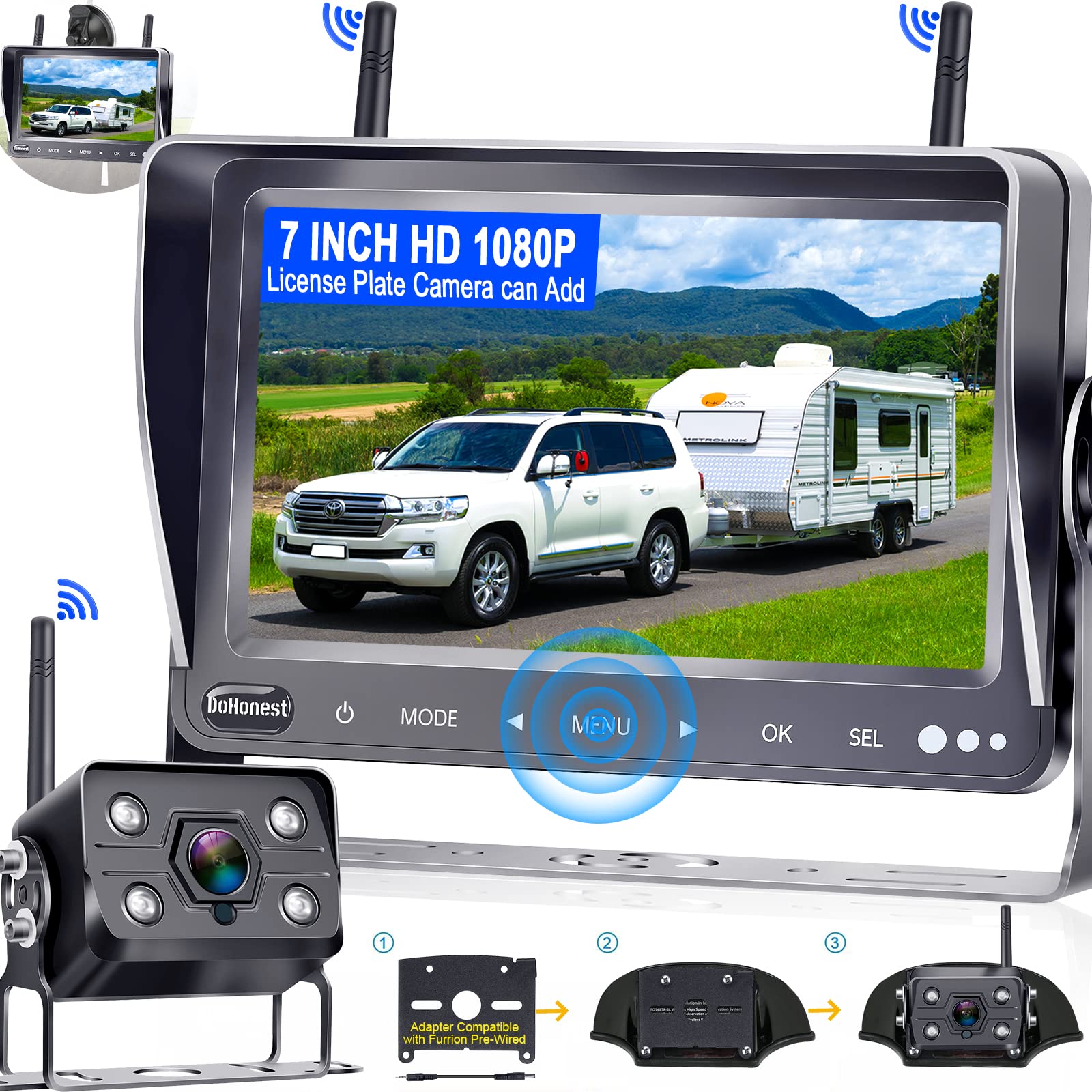  Dohonest Caméra de recul RV sans fil HD 1080P 7'' Kit de moniteur DVR de vue arrière 4 canaux Bluetooth adaptateur de caméra de recul pour remorque Furrion pré-câblé RVs camion van vision nocturne...