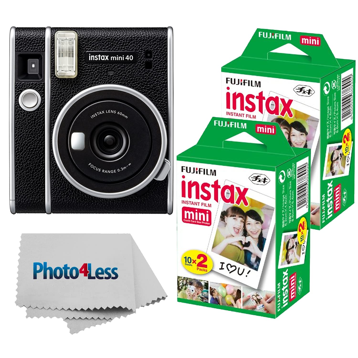 Fujifilm Instax Mini 40 Appareil photo instantané Noir + Instax Mini Twin Pack Film instantané 2 paquets (Total 40 feuilles) - Appareil photo instantané Ensemble de grande valeur !
