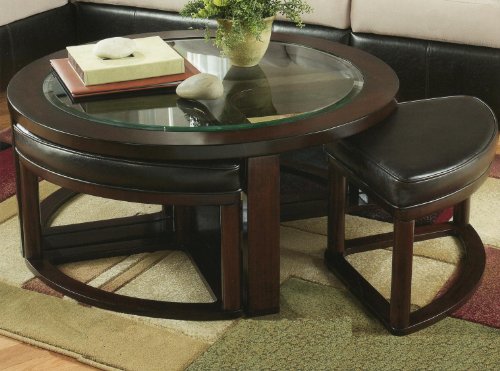 Roundhill Furniture Table basse ronde avec plateau en verre et bois massif Cylina avec 4 tabourets