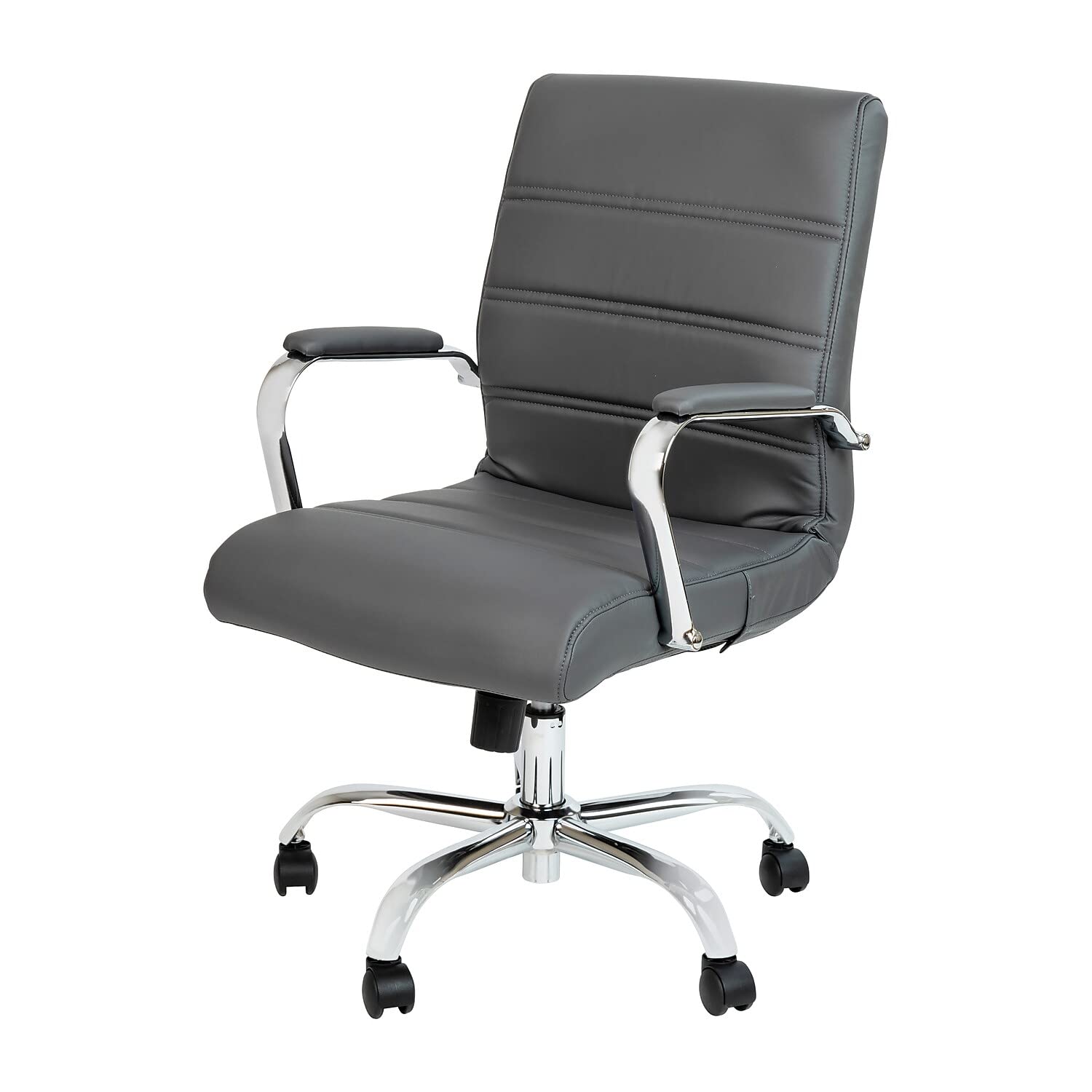Flash Furniture Chaise de bureau à dossier mi-hauteur - Chaise de bureau pivotante en cuir gris avec cadre chromé - Chaise à bras pivotant