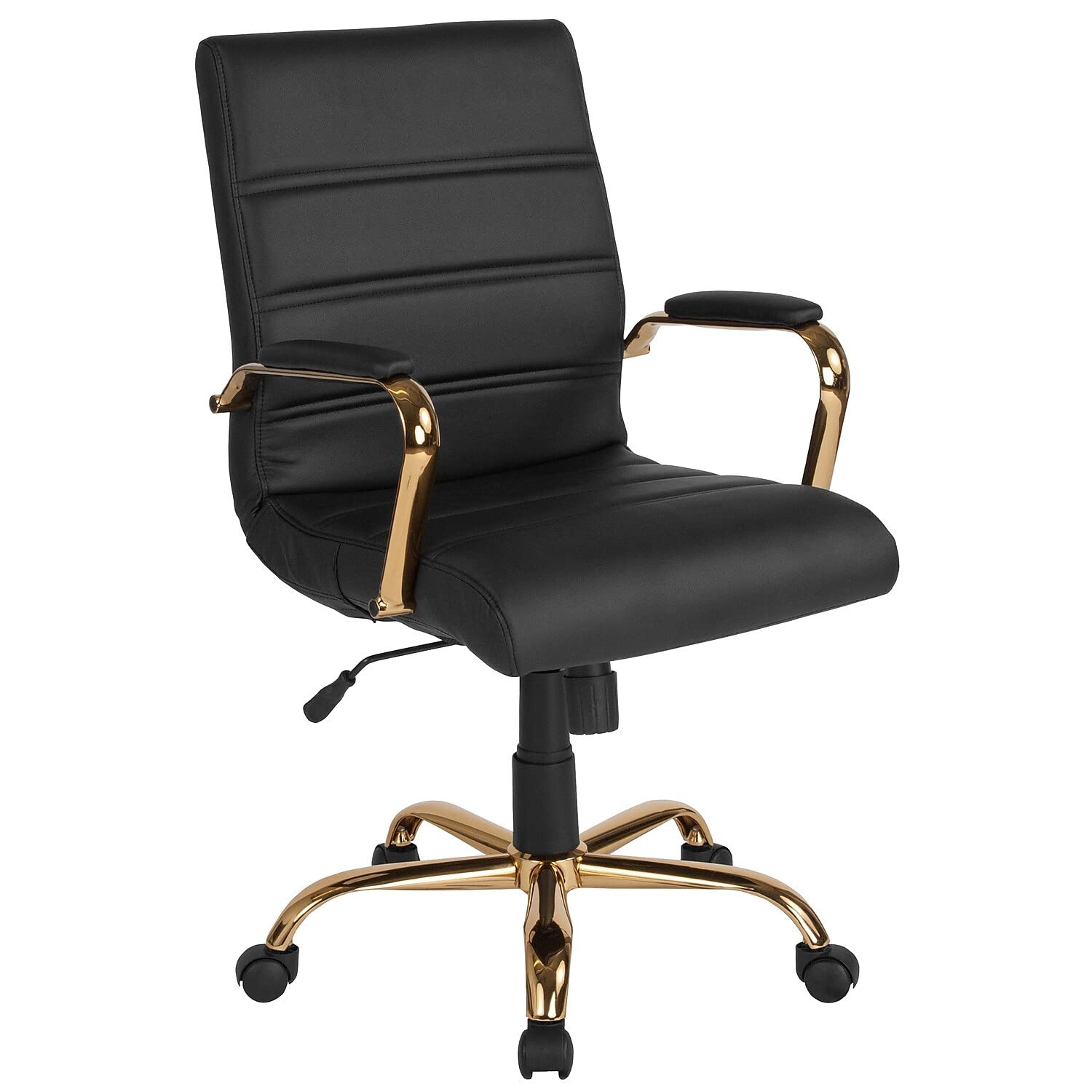 Flash Furniture Chaise de bureau à dossier mi-hauteur - Chaise de bureau pivotante en cuir noir avec cadre doré - Chaise à bras pivotant