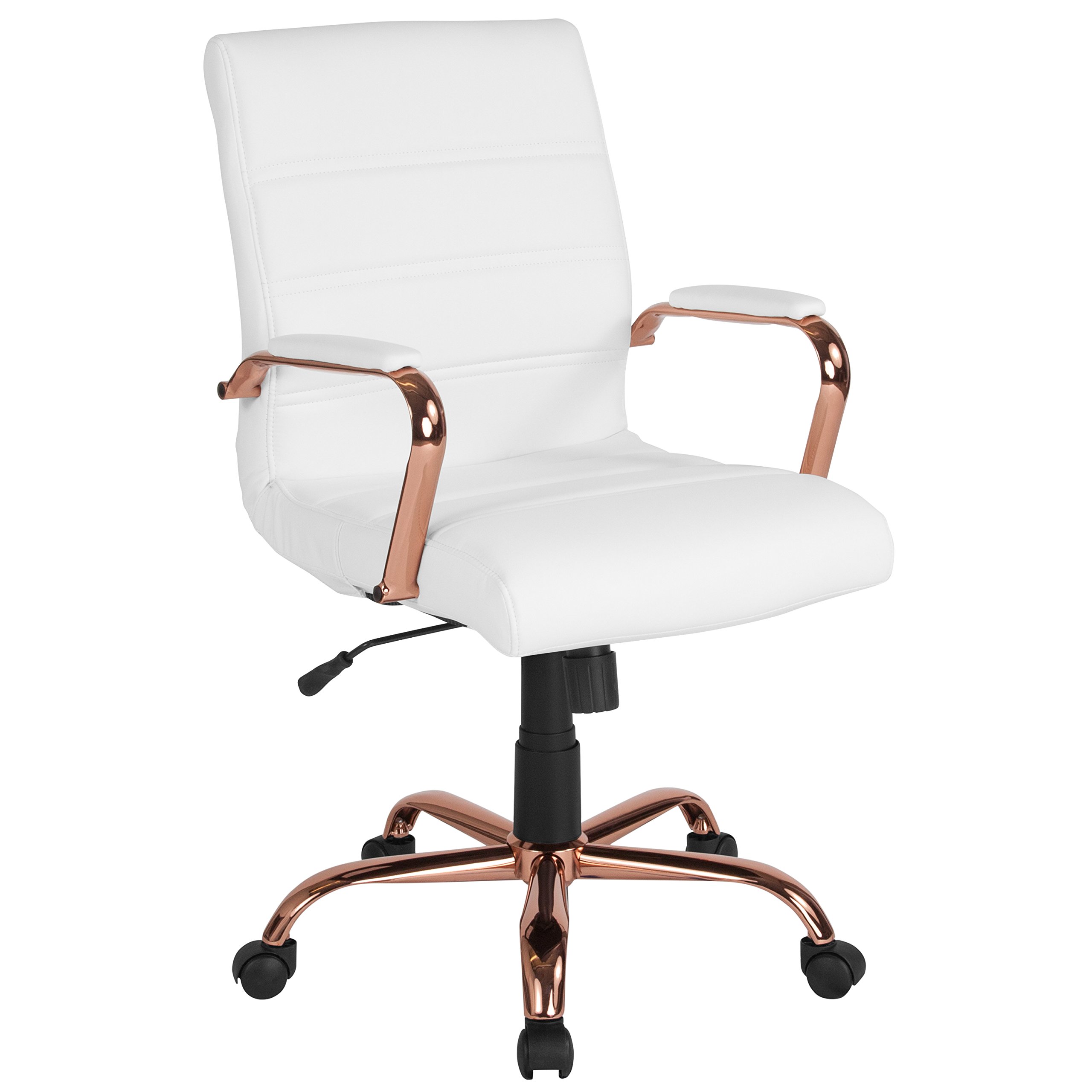 Flash Furniture Whitney Chaise de bureau à dossier mi-hauteur - Chaise de bureau pivotante en cuir blanc avec cadre en or rose - Fauteuil pivotant
