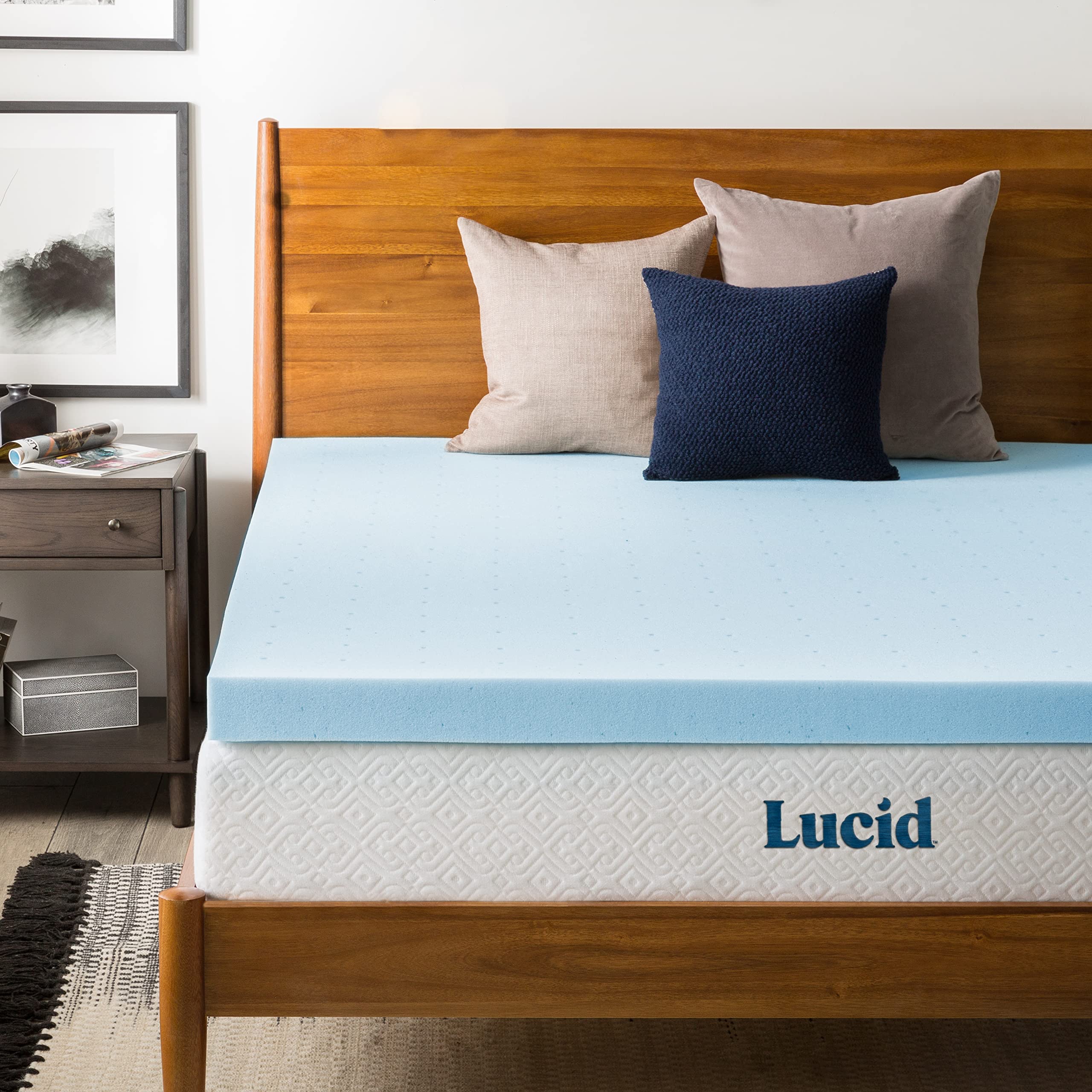 Lucid Surmatelas de 3 pouces Full - Mousse à mémoire de forme infusée de gel Surmatelas en mousse à mémoire de forme Conception entièrement ventilée Certifié CertiPur Bleu