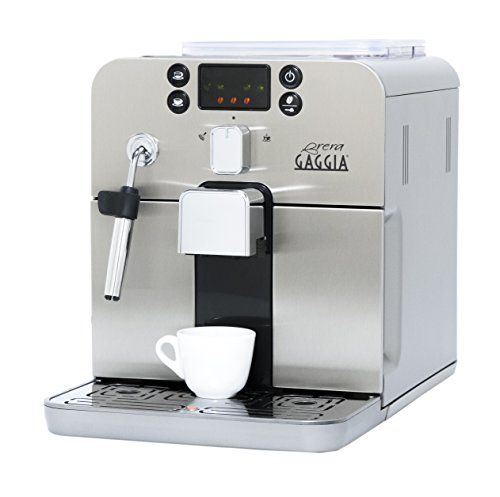 Gaggia Machine à expresso super automatique Brera en argent. Baguette à mousser Pannarello pour boissons au latte et cappuccino. Espresso de café prémoulu ou à grains entiers.