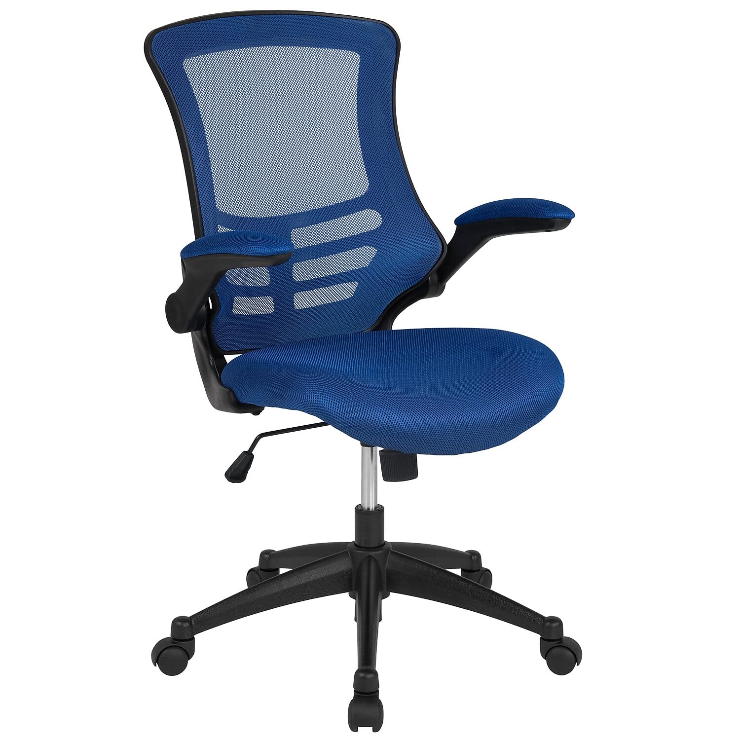 Flash Furniture Chaise de bureau ergonomique pivotante en maille bleue à dossier mi-hauteur Kelista avec accoudoirs rabattables