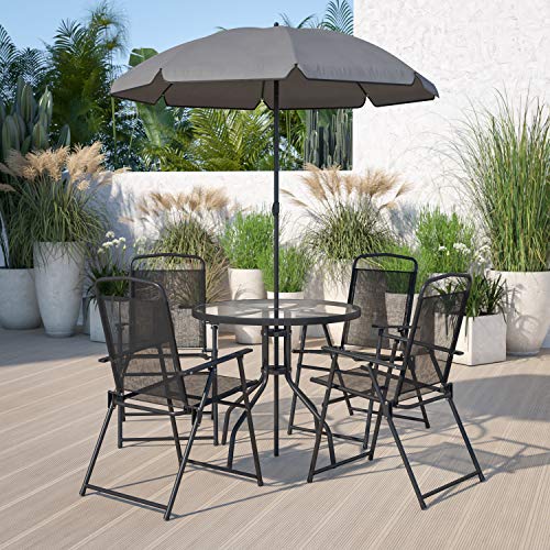 Flash Furniture Ensemble de jardin 6 pièces Nantucket avec table parapluie et ensemble de 4 chaises pliantes