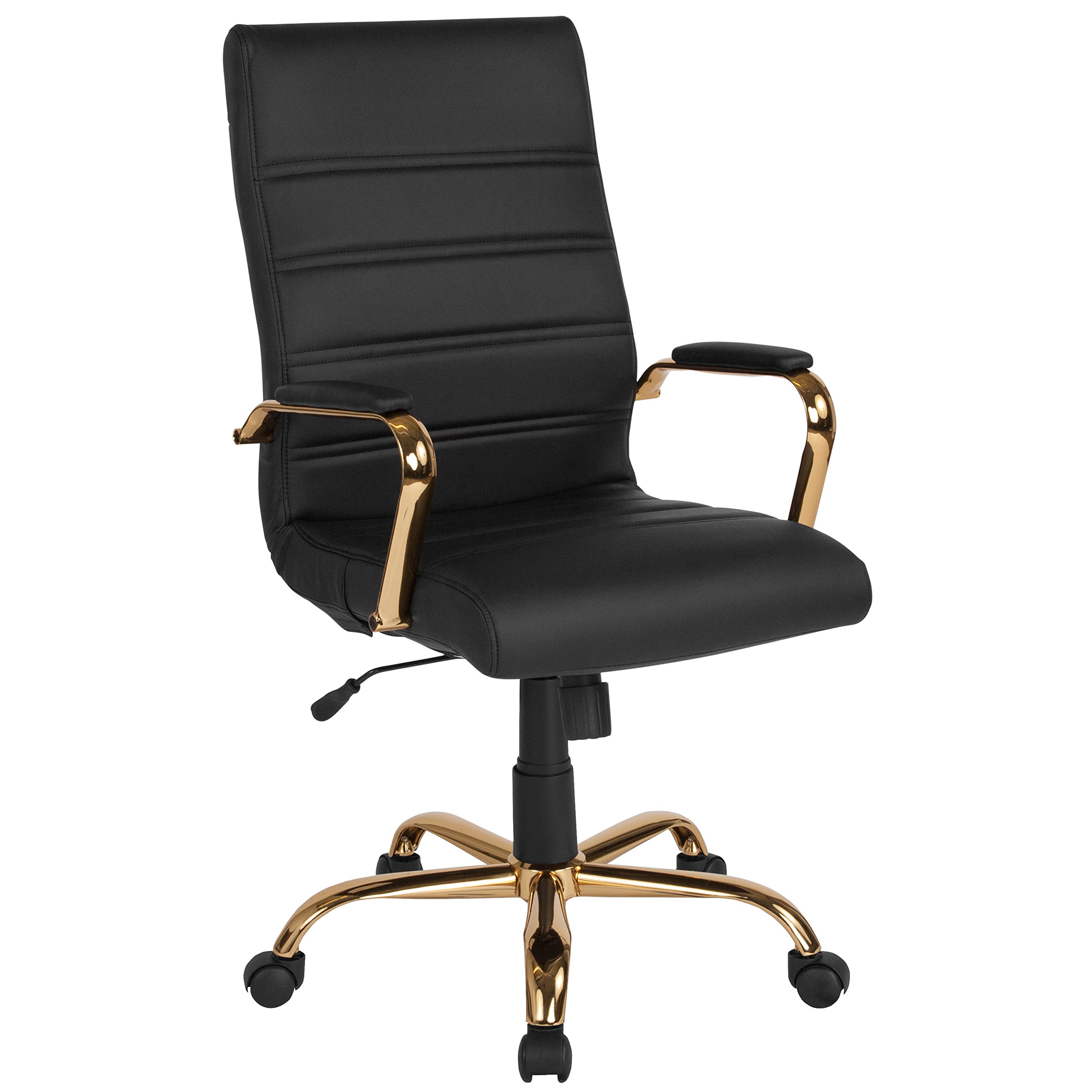 Flash Furniture Chaise de bureau à dossier haut - Chaise de bureau pivotante en cuir noir avec cadre doré - Fauteuil pivotant