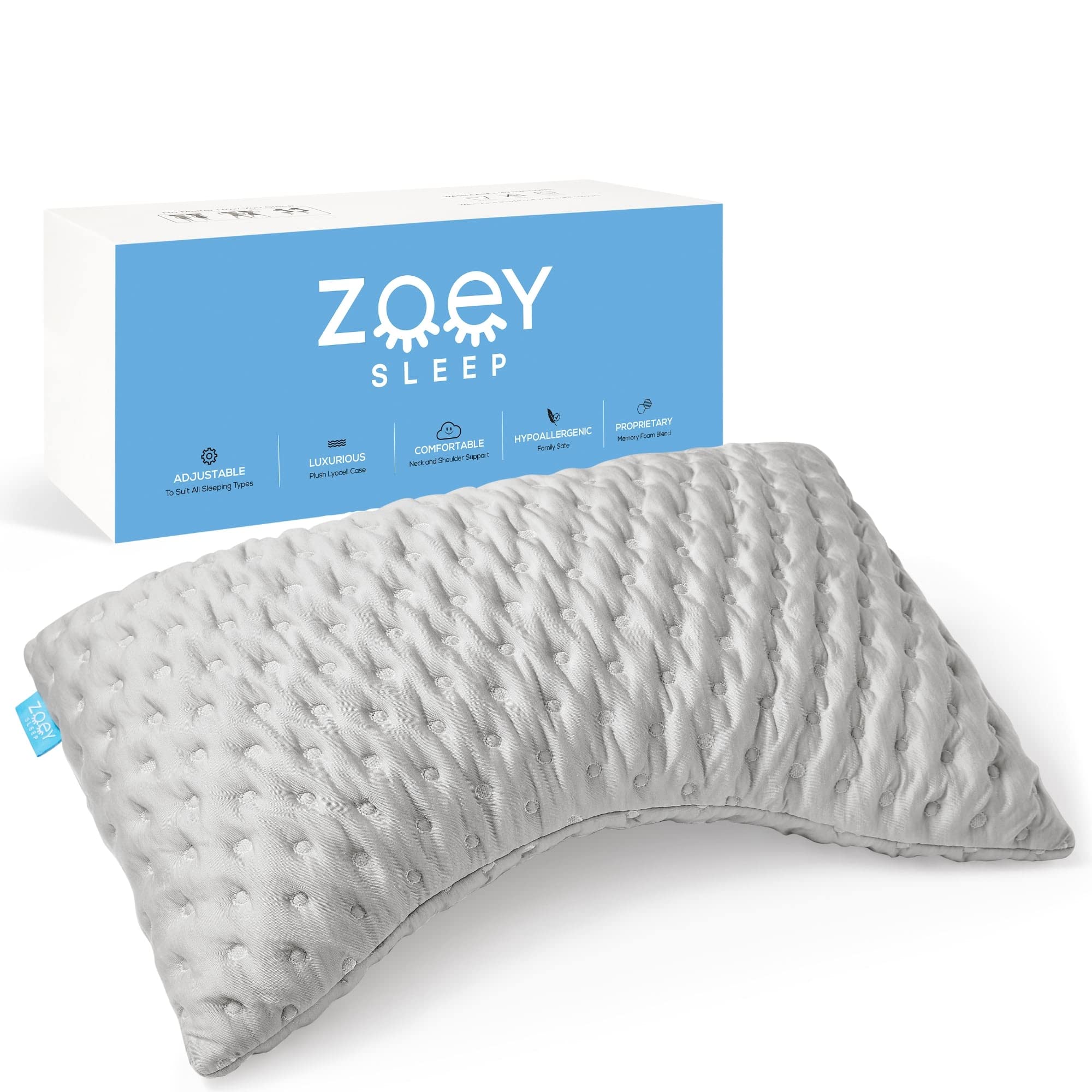 Zoey Sleep Oreiller de sommeil latéral - Oreillers de lit en mousse à mémoire de forme pour dormir - Loft de soutien 100 % réglable - Aide à soulager les douleurs au cou et aux épaules