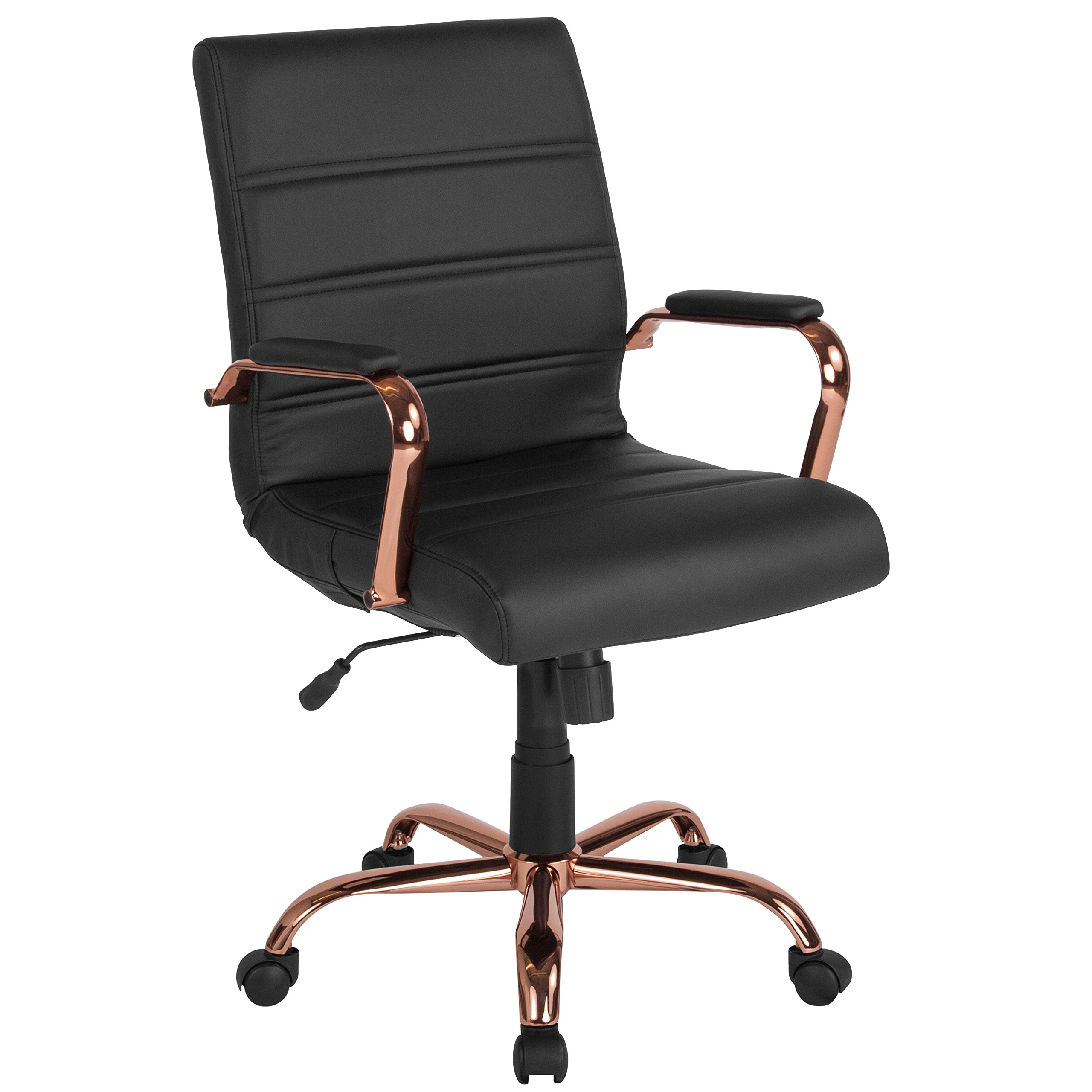 Flash Furniture Chaise de bureau à dossier mi-hauteur - Chaise de bureau pivotante en cuir noir avec cadre en or rose - Chaise à bras pivotant