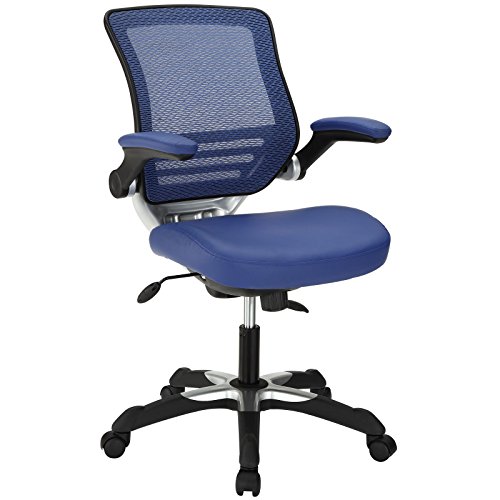 Modway Chaise de bureau avec dossier en maille et siège en cuir vegan blanc avec bras rabattables - Bureau d'ordinateur en bleu