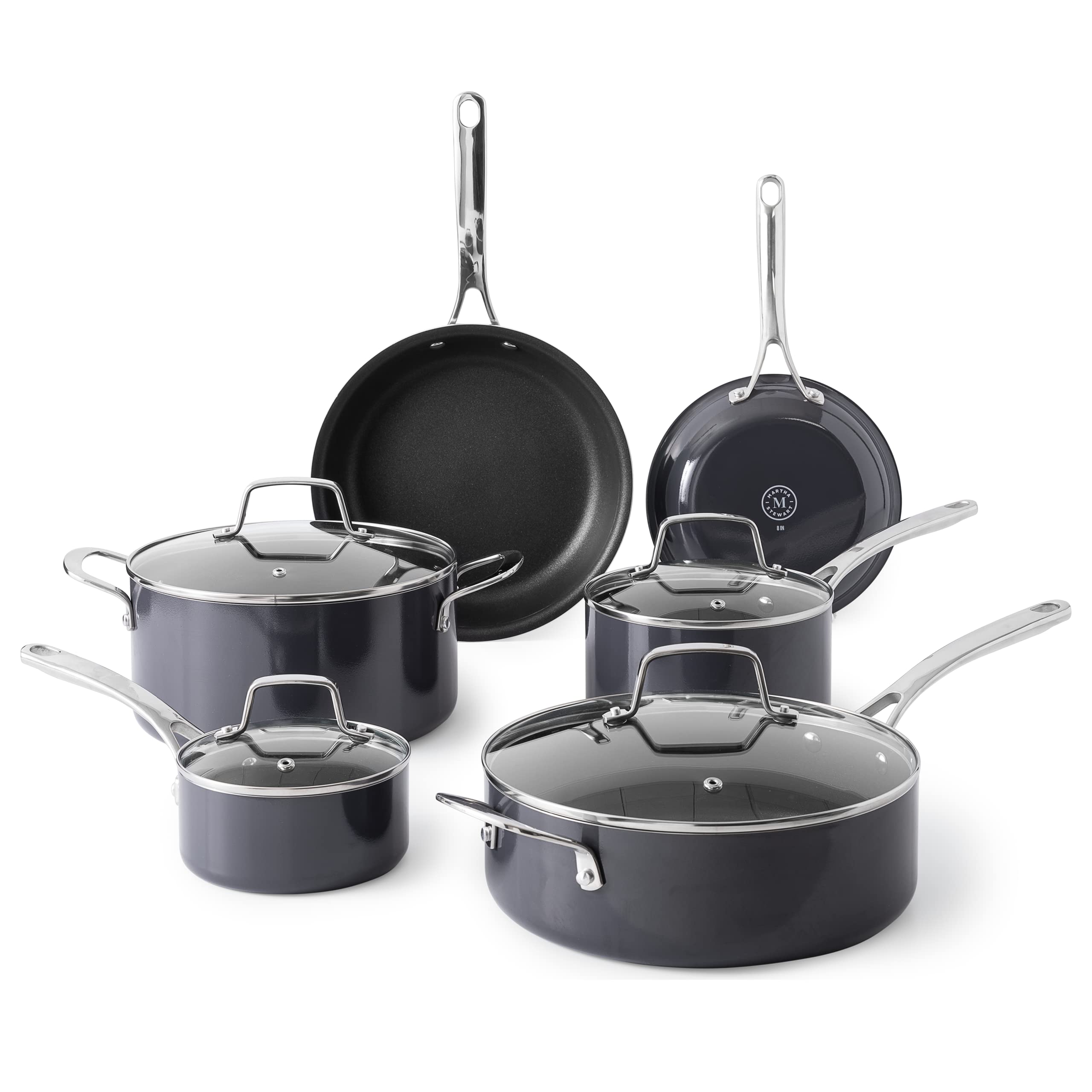Martha Stewart Lockton Premium antiadhésif 10 pièces en aluminium épais casseroles et poêles batterie de cuisine – Gris