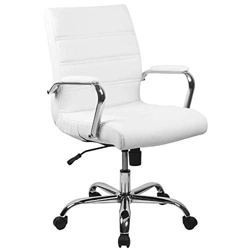 Flash Furniture Chaise de bureau à dossier mi-hauteur - Chaise de bureau pivotante en cuir blanc avec cadre chromé - Chaise à bras pivotant